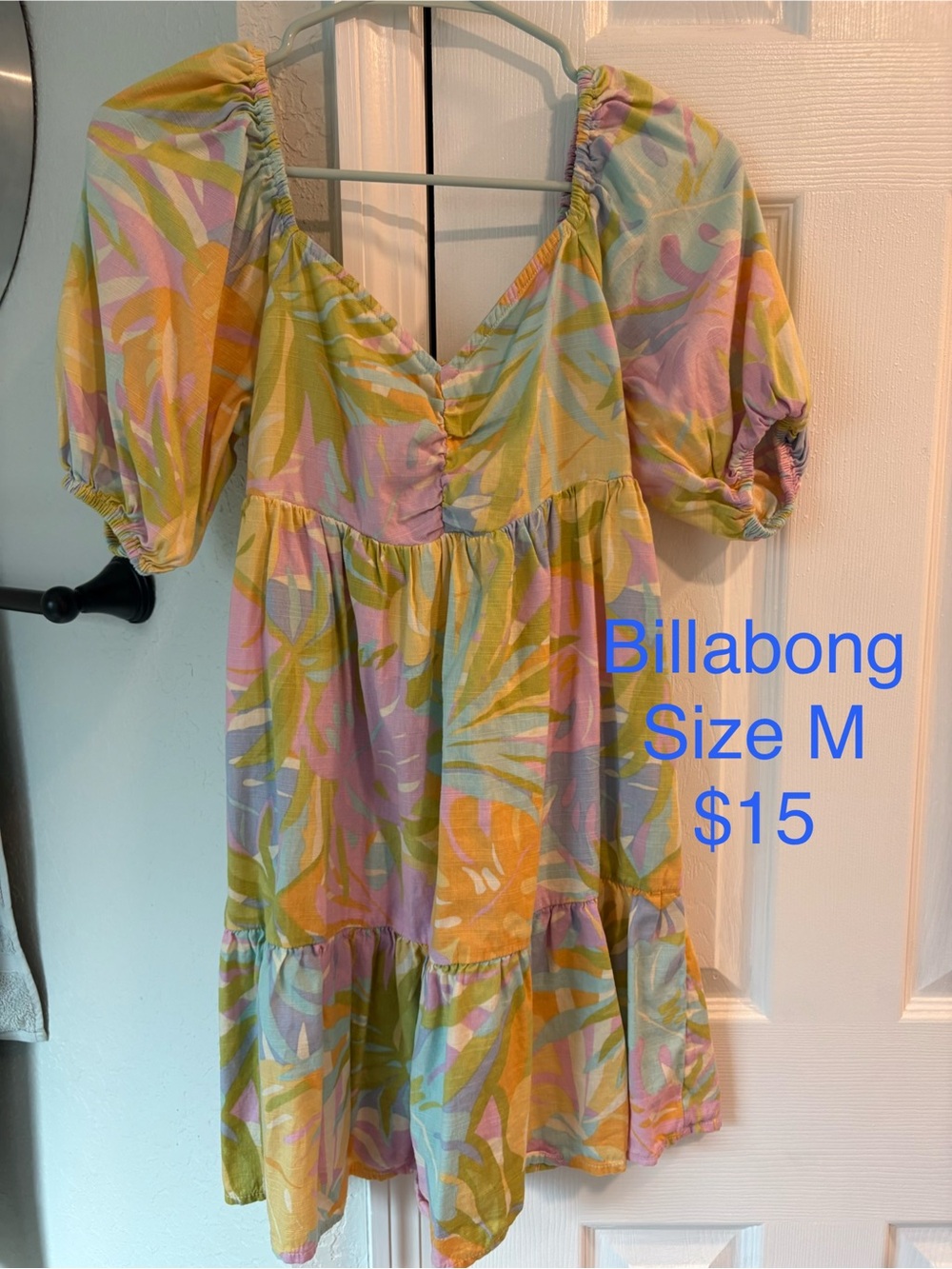 Billabong Pastel Tropical Puff-Sleeve Dress - Yellow Pink Blue